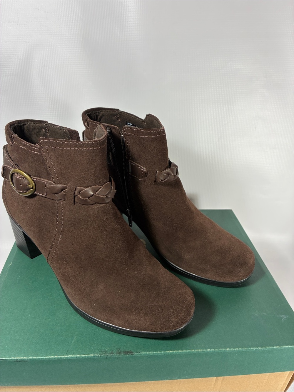 Clarks Dark Brown Suede Braided Strap Ankle Booties